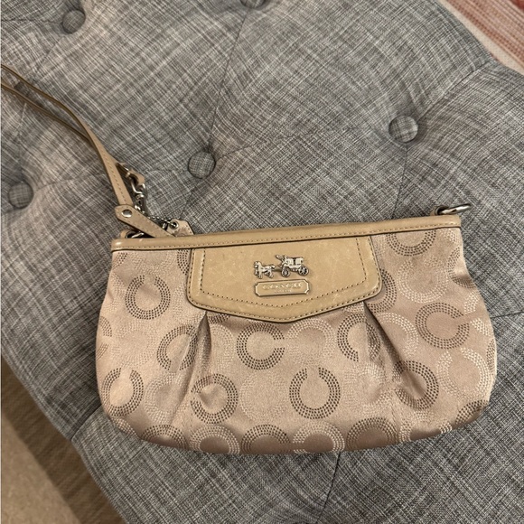 Coach Handbags - Coach Taupe and Tan Signature Jacquard Wristlet